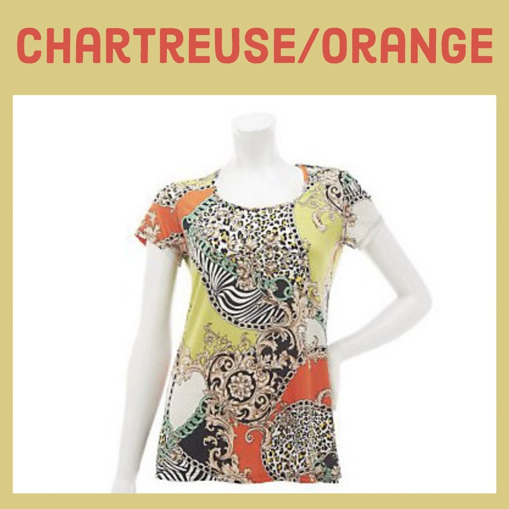 George Simonton Scoop Neck Cap Sleeve Top, NWT 2X Chartreuse/Orange A231838